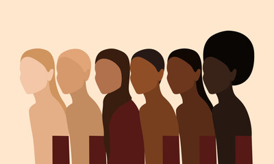 Six women of different nationalities and cultures stand side by side. Vector illustration of girls supporting each other, feminist movement. The concept of female solidarity and sisterhood.  EPS 10 - obrazy, fototapety, plakaty