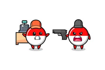 illustration of the cute indonesia flag badge as a cashier is pointed a gun by a robber