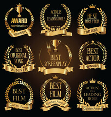 Collection of golden label with laurel wreath film award luxury template design