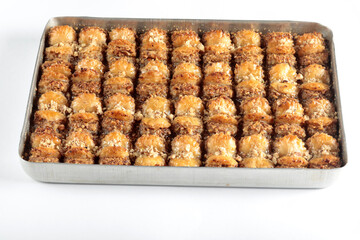 Traditional Turkish baklava on the tray.  Turkish dessert.