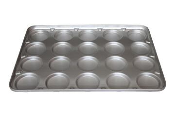 Empty metal baking tray isolated on white.  Cake baking tray.