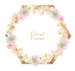 Watercolor floral wreath with wood border. Hand drawn geometric frame with blush flowers isolated on white. Wooden hexagon, botanical arrangement with pastel flower buds for wedding invitations.