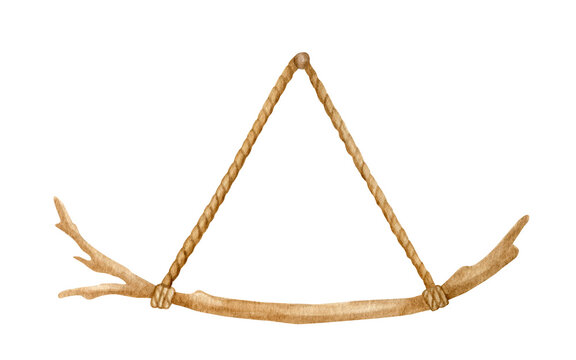 Watercolor wood stick hang on rope. Hand drawn bare tree branch wall decoration isolated on white. Wooden twig, rustic natural design, eco decor illustration.