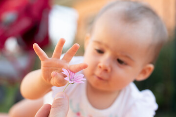 Little baby girl touching a flower blurred background outdoors. Selective focus