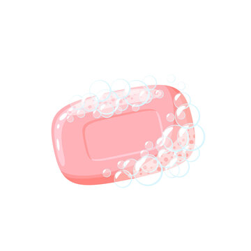 Soap bar in foam and bubbles. Vector illustration cartoon flat icon isolated on white background.