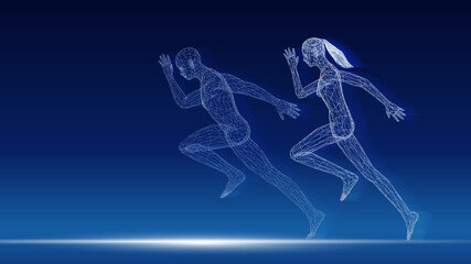 Naklejka na ściany i meble 3D rendering running man and woman from mesh.,point connecting network on blue background.