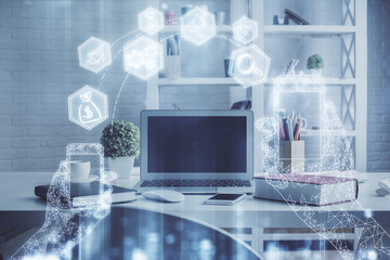 Double exposure of tech theme drawings and office interior background. Technology concept.