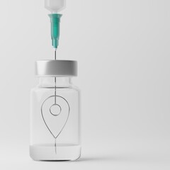 3D rendering Covid-19 vaccine syringe with GPS navigator sign in bottle, Travel bubble roadmap, Vaccination Campaign for Herd immunity concept design on grey gradient background with copy space