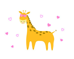 A cute giraffe with glasses surrounded by hearts