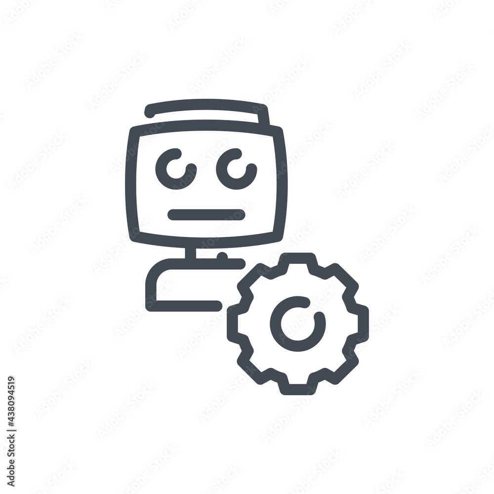 Poster robot with gear and chatbot settings line icon. bot and robot control vector outline sign.