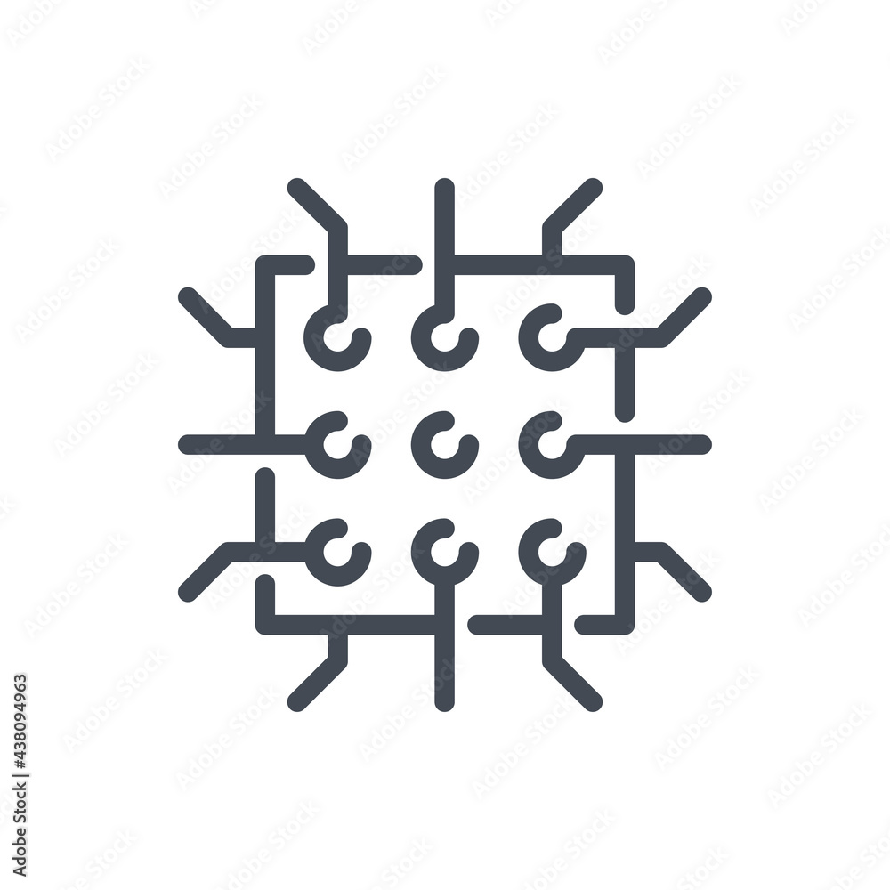 Poster circuit board with connections line icon. chip with connection to main components vector outline sig