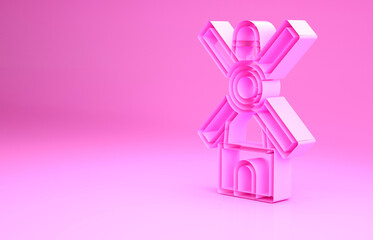 Pink Windmill icon isolated on pink background. Minimalism concept. 3d illustration 3D render