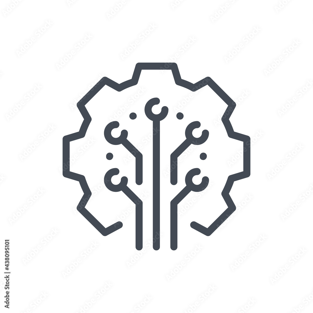 Poster gear with circuit connection line icon. connection to control panel vector outline sign.