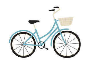 Vector illustration of blue city bicycle with a basket, isolated on white. Hand-drawn illustration. Suitable for illustrating a healthy lifestyle, sports, transport.