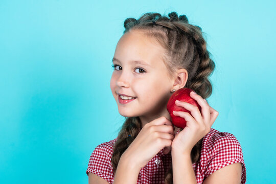 Happy Teen Girl With Red Apple Fruit, Copy Space, Dieting