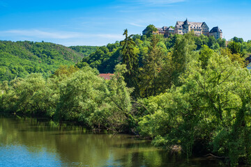 View towards Ebernburg Castle an der Nahe / Germany in the village of the same name 