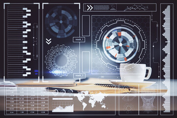Multi exposure of technology theme drawing and desktop with coffee and items on table background. Concept of data research.