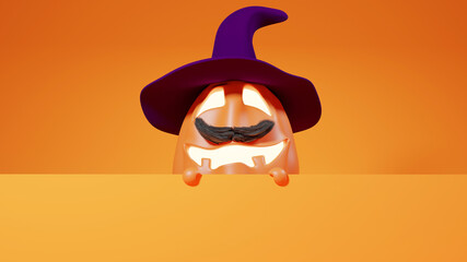 Halloween Funny Lantern Jack Pumpkin with Big Black Mustache and in Witch Hat. Free Space for Greeting Text. Rendering from 3D.