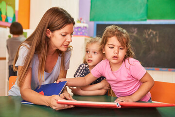 Erzieherin oder Lehrerin mit Kindern beim Lesen lernen