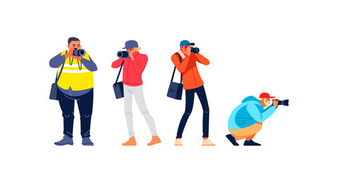 Photographers or paparazzi taking photo. Photojournalist, cameraman documenting war and conflict, street riots. Characters Journalist reporters making pictures. Cartoon flat style vector illustration - obrazy, fototapety, plakaty