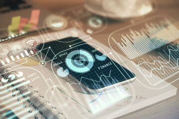 Double exposure of tech theme sketch over cell phone background. Concept of technology