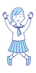 喜んで飛び上がるセーラー服の女子中高生