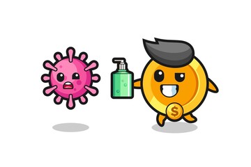 illustration of dollar currency coin character chasing evil virus with hand sanitizer