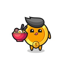 cute dollar currency coin character eating noodles