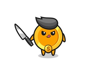 cute dollar currency coin mascot as a psychopath holding a knife