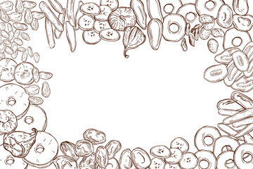 Dried fruits . Vector background.