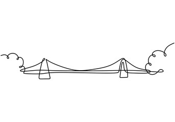 Giant bridge over river. Continuous one line of bridge drawing design. Simple modern minimalist style isolated on white background.