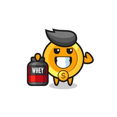 the muscular dollar currency coin character is holding a protein supplement