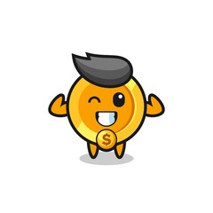 the muscular dollar currency coin character is posing showing his muscles