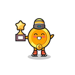 dollar currency coin cartoon as an ice skating player hold winner trophy