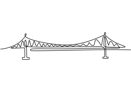 Giant bridge over river. Continuous one line of bridge drawing design. Simple modern minimalist style isolated on white background.