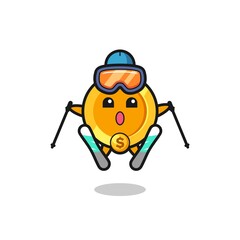 dollar currency coin mascot character as a ski player