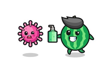 illustration of watermelon character chasing evil virus with hand sanitizer
