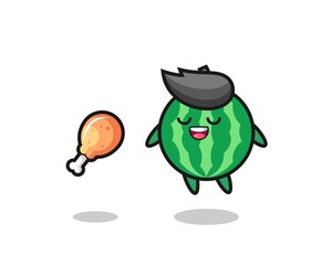 cute watermelon floating and tempted because of fried chicken