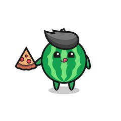 cute watermelon cartoon eating pizza