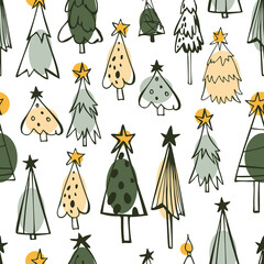 Vector seamless pattern with hand drawn Christmas Trees.Sketch illustration