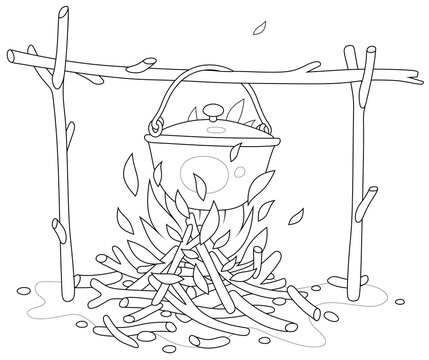 Cooking dinner in a small tourist pot boiling over burning campfire in a forest camp on summer vacation, black and white outline vector cartoon for a coloring book page