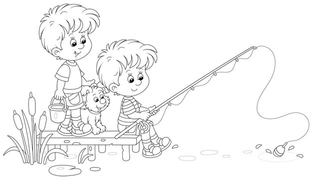 Cheerful little boys fishing on a small pond in countryside, together with their merry pup, on summer vacation, black and white outline vector cartoon illustration for a coloring book page