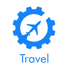 Logotipo con texto Travel y silueta de avión en engranaje de color azul