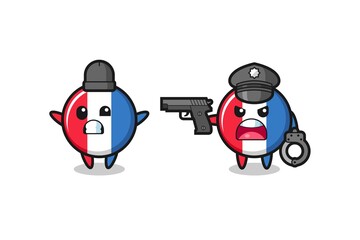 illustration of france flag badge robber with hands up pose caught by police