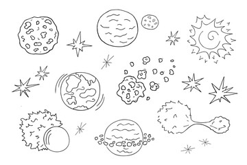 Set of hand-drawn space objects: planets, stars, comets, sun and so on. Collection of cosmic bodies of the universe.Doodle style, minimalistic drawing.Line art.Isolated.Vector illustration.