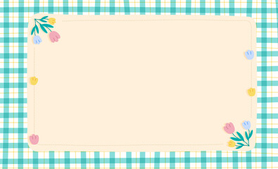 Blank paper with Green Mint Gingham Tulip Flower Background Frame. Blank note Vector Illustration. Editable Stroke.	