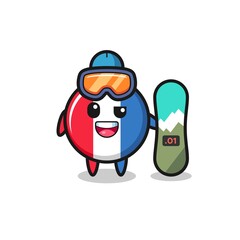 Illustration of france flag badge character with snowboarding style