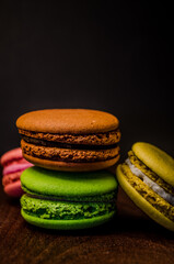 Colorful macarons cakes. Small French cakes. Sweet and colorful french macaroons.