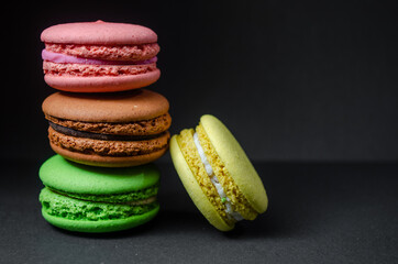 Colorful macarons cakes. Small French cakes. Sweet and colorful french macaroons.