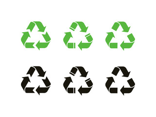 Recycle icon set. Green and black vector illustration. Isolated recycling symbols on white background.